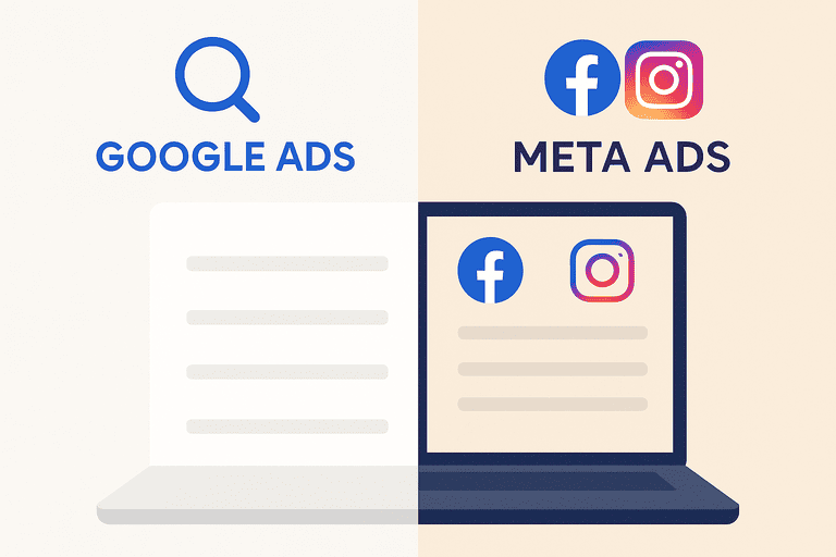 Infografía comparativa entre Google Ads y Meta Ads con íconos representativos.