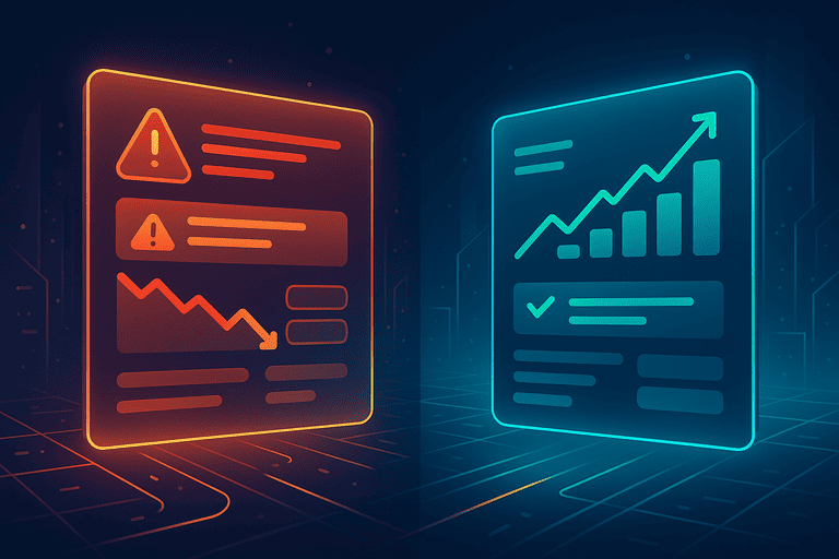Ilustración futurista de hologramas mostrando panel roto con errores y otro optimizado con métricas ascendentes.