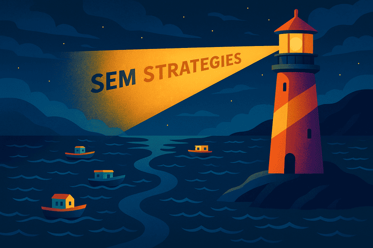 Ilustración de un faro guiando barcos pequeños como metáfora de SEM ayudando a pymes.