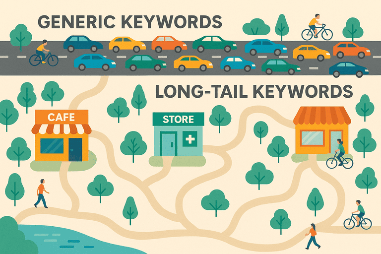 Mapa ilustrado con un camino saturado y senderos tranquilos que llevan a negocios locales, como metáfora de long tail keywords.
