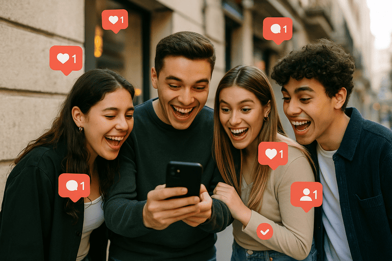 Grupo de jóvenes chilenos reaccionando con emoción a un video viral en redes sociales.