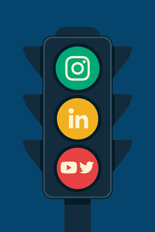 Ilustración de semáforo digital con redes sociales en verde, amarillo y rojo como metáfora de efectividad.